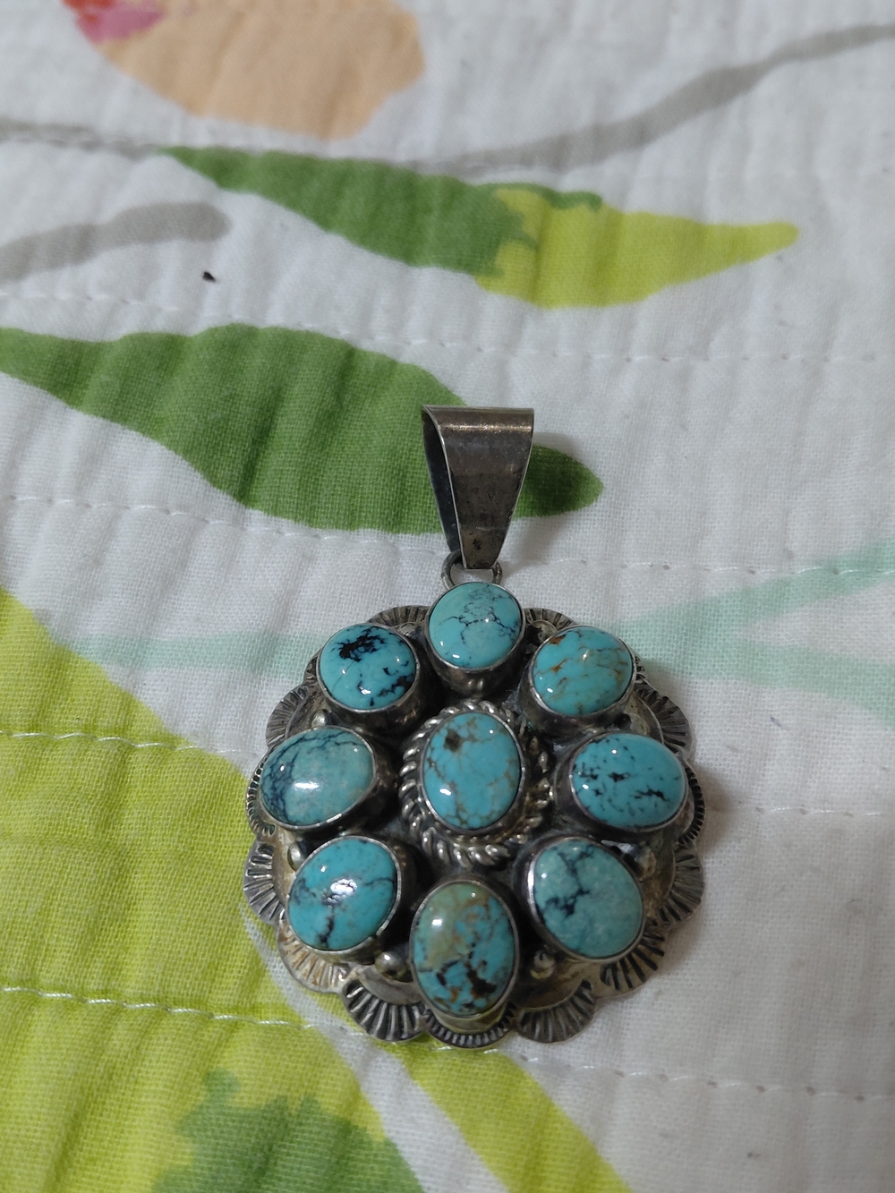 Sterling Silver Native American Navajo Bobby Johnson Turquoise Pendant.